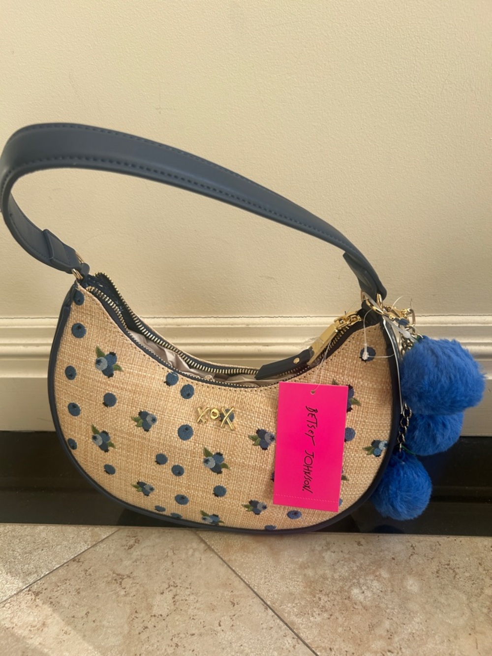 Betsey Johnson Blueberry Straw Shoulder Bag with Charm NWT
